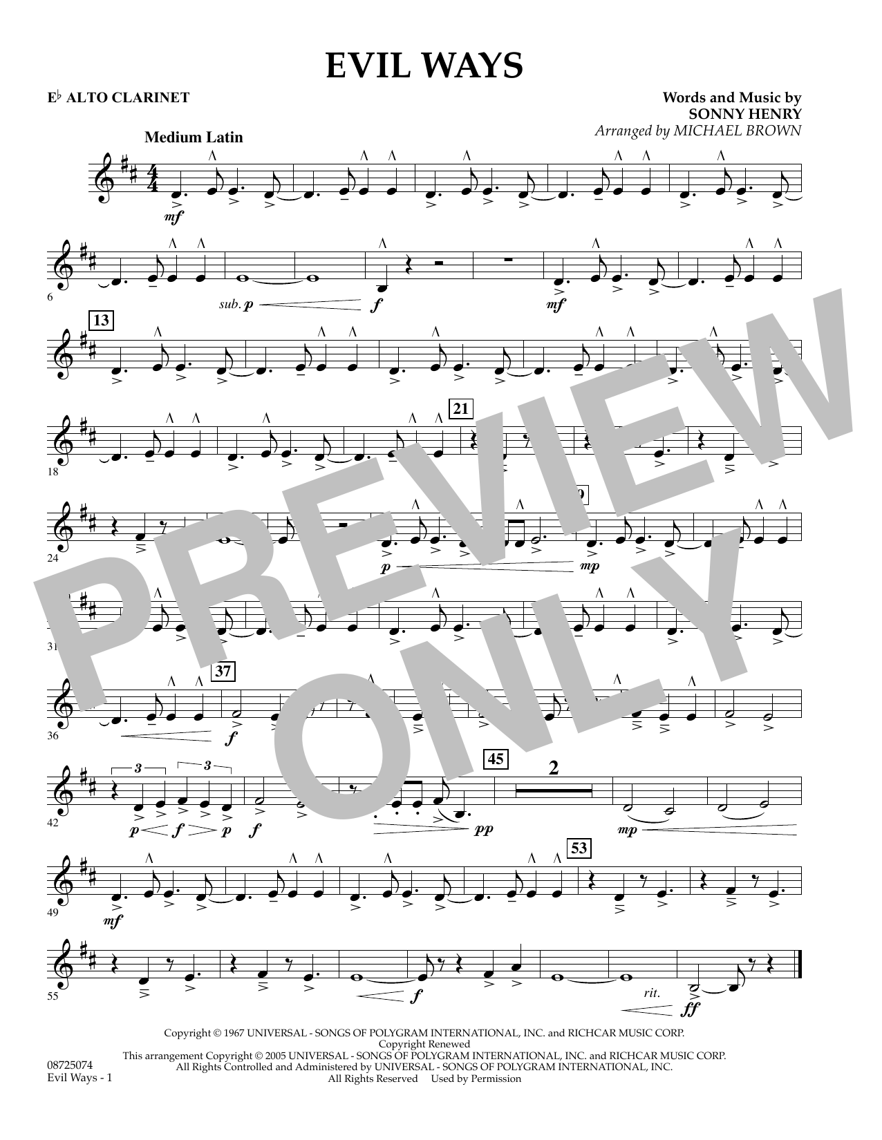 Learn to play Michael Brown Evil Ways - Eb Alto Clarinet sheet music for Concert Band in minutes. Michael Brown Evil Ways - Eb Alto Clarinet sheet music preview music notes and score for Concert Band including 1 page(s)