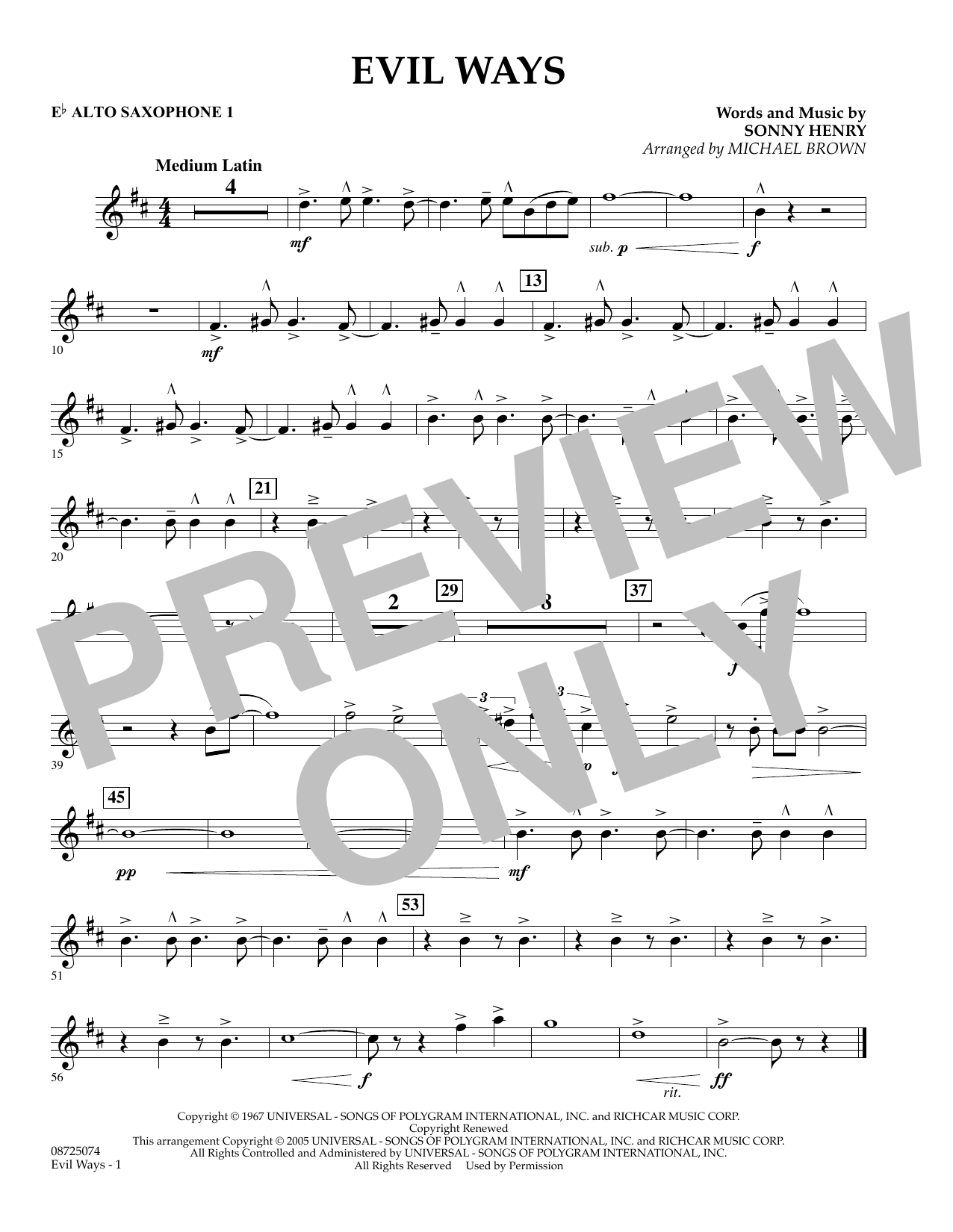 Learn to play Michael Brown Evil Ways - Eb Alto Saxophone 1 sheet music for Concert Band in minutes. Michael Brown Evil Ways - Eb Alto Saxophone 1 sheet music preview music notes and score for Concert Band including 1 page(s)