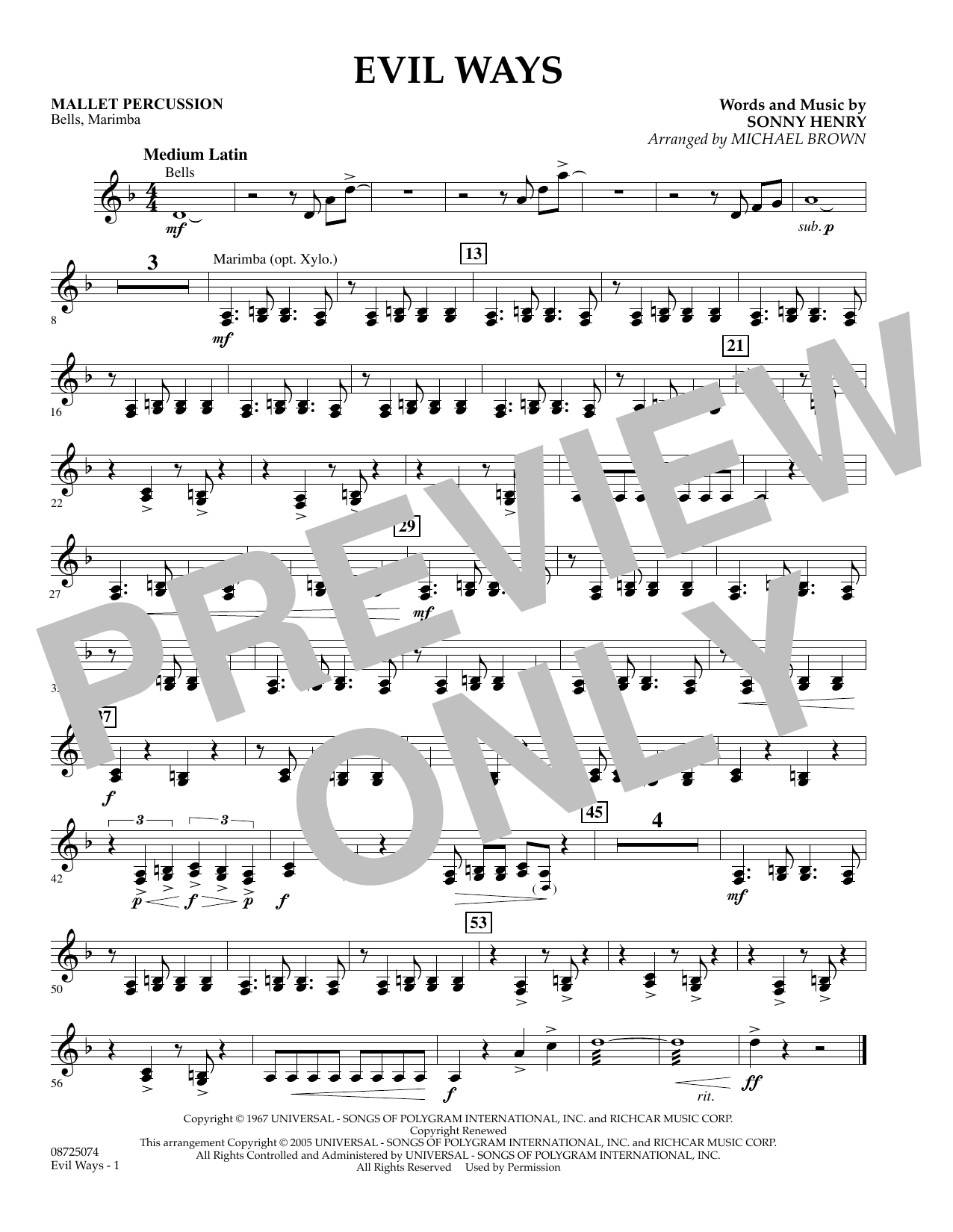 Learn to play Michael Brown Evil Ways - Mallet Percussion sheet music for Concert Band in minutes. Michael Brown Evil Ways - Mallet Percussion sheet music preview music notes and score for Concert Band including 1 page(s)