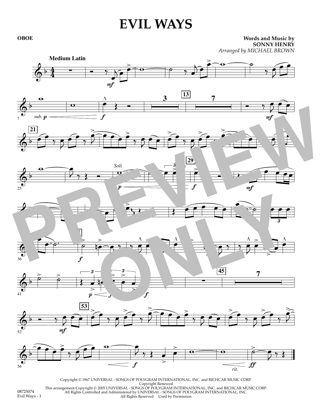 Learn to play Michael Brown Evil Ways - Oboe sheet music for Concert Band in minutes. Michael Brown Evil Ways - Oboe sheet music preview music notes and score for Concert Band including 1 page(s)