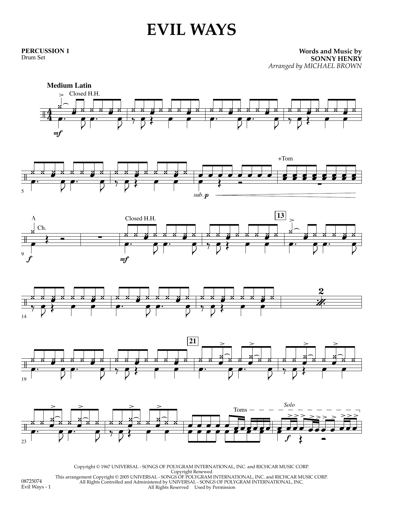 Learn to play Michael Brown Evil Ways - Percussion 1 sheet music for Concert Band in minutes. Michael Brown Evil Ways - Percussion 1 sheet music preview music notes and score for Concert Band including 2 page(s)