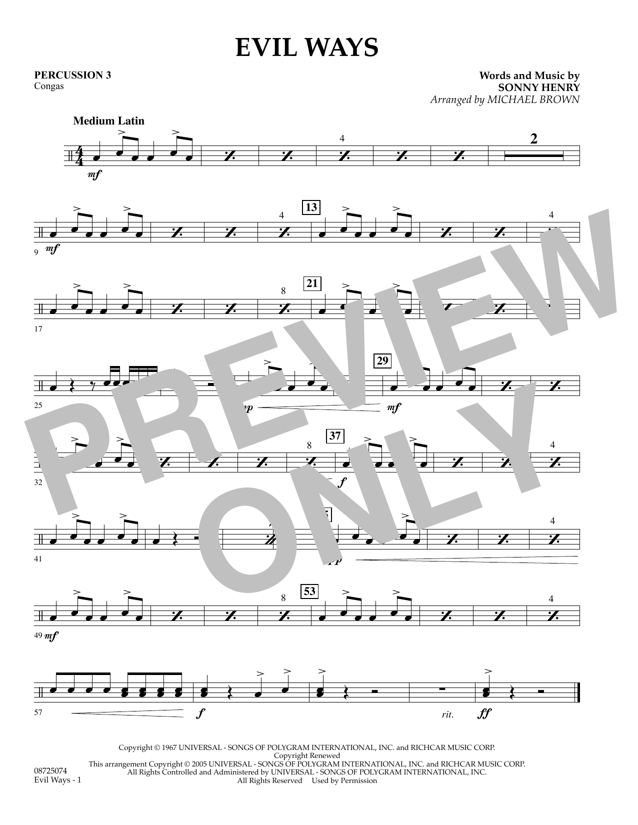 Learn to play Michael Brown Evil Ways - Percussion 3 sheet music for Concert Band in minutes. Michael Brown Evil Ways - Percussion 3 sheet music preview music notes and score for Concert Band including 1 page(s)