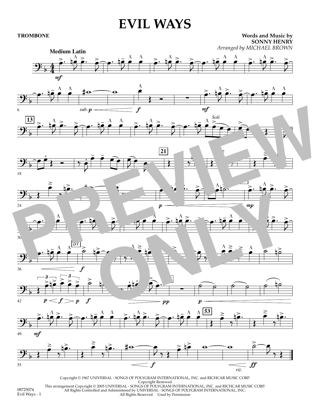 Learn to play Michael Brown Evil Ways - Trombone sheet music for Concert Band in minutes. Michael Brown Evil Ways - Trombone sheet music preview music notes and score for Concert Band including 1 page(s)