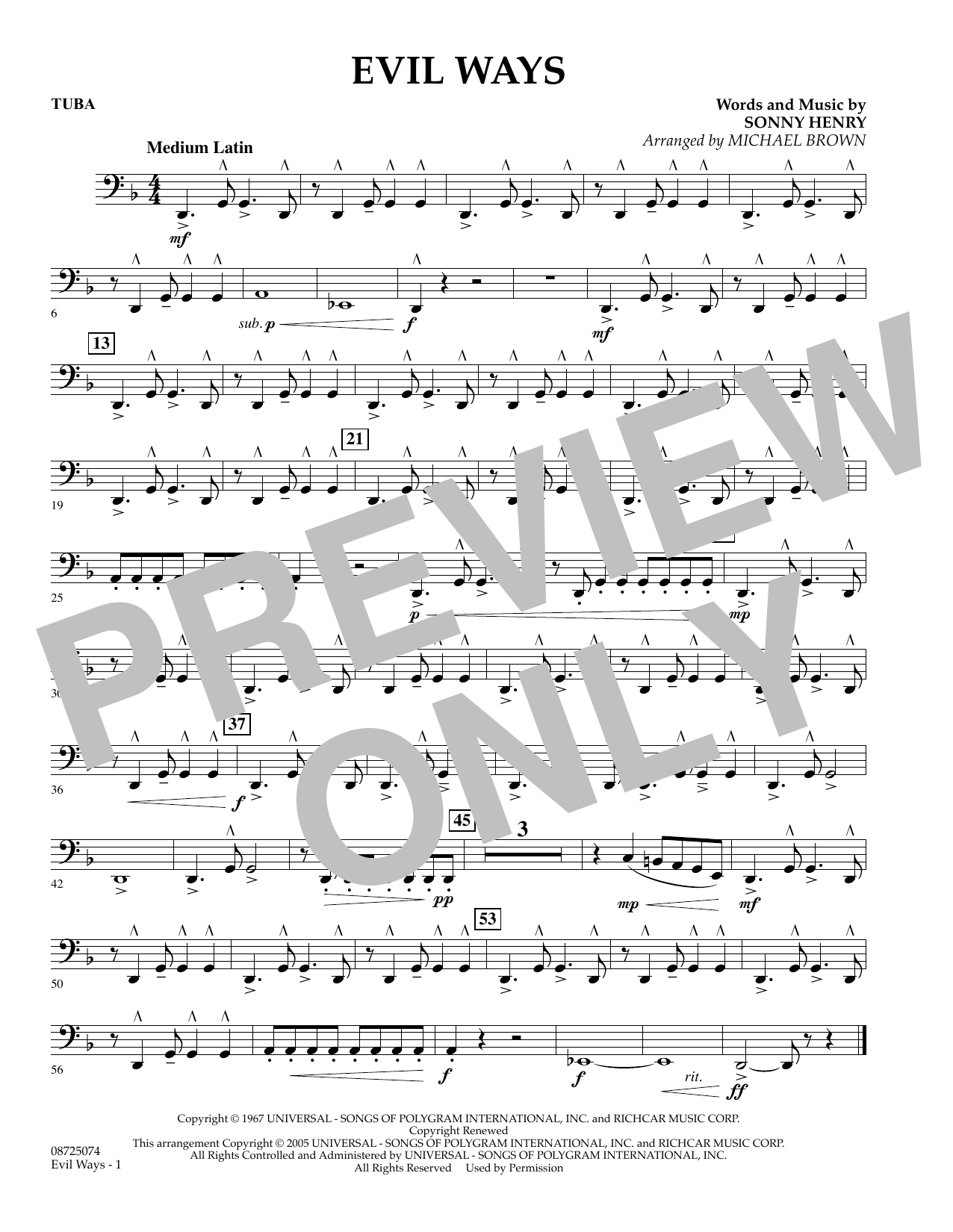 Learn to play Michael Brown Evil Ways - Tuba sheet music for Concert Band in minutes. Michael Brown Evil Ways - Tuba sheet music preview music notes and score for Concert Band including 1 page(s)