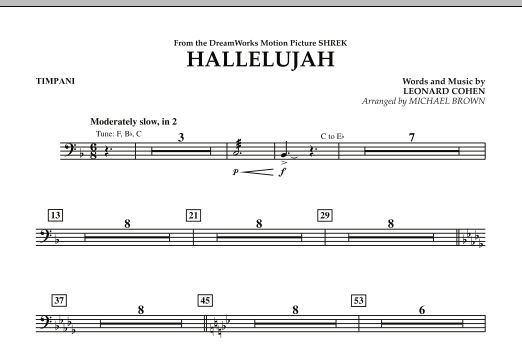 Learn to play Michael Brown Hallelujah - Timpani sheet music for Concert Band in minutes. Michael Brown Hallelujah - Timpani sheet music preview music notes and score for Concert Band including 1 page(s)