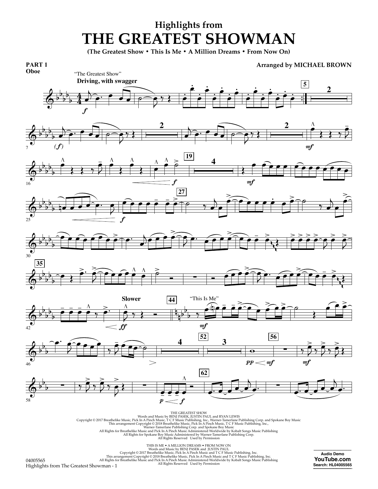 Learn to play Michael Brown Highlights from The Greatest Showman - Pt.1 - Oboe sheet music for Concert Band in minutes. Michael Brown Highlights from The Greatest Showman - Pt.1 - Oboe sheet music preview music notes and score for Concert Band including 2 page(s)