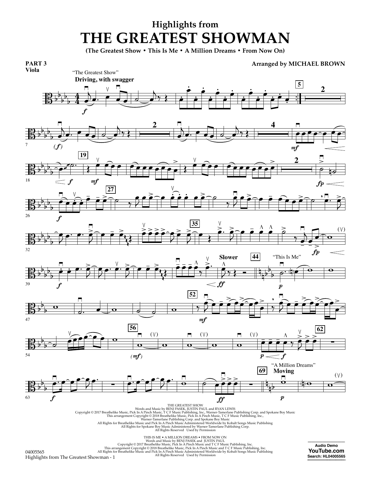 Michael Brown Highlights from The Greatest Showman - Pt.3 - Viola sheet music preview music notes and score for Concert Band including 2 page(s)
