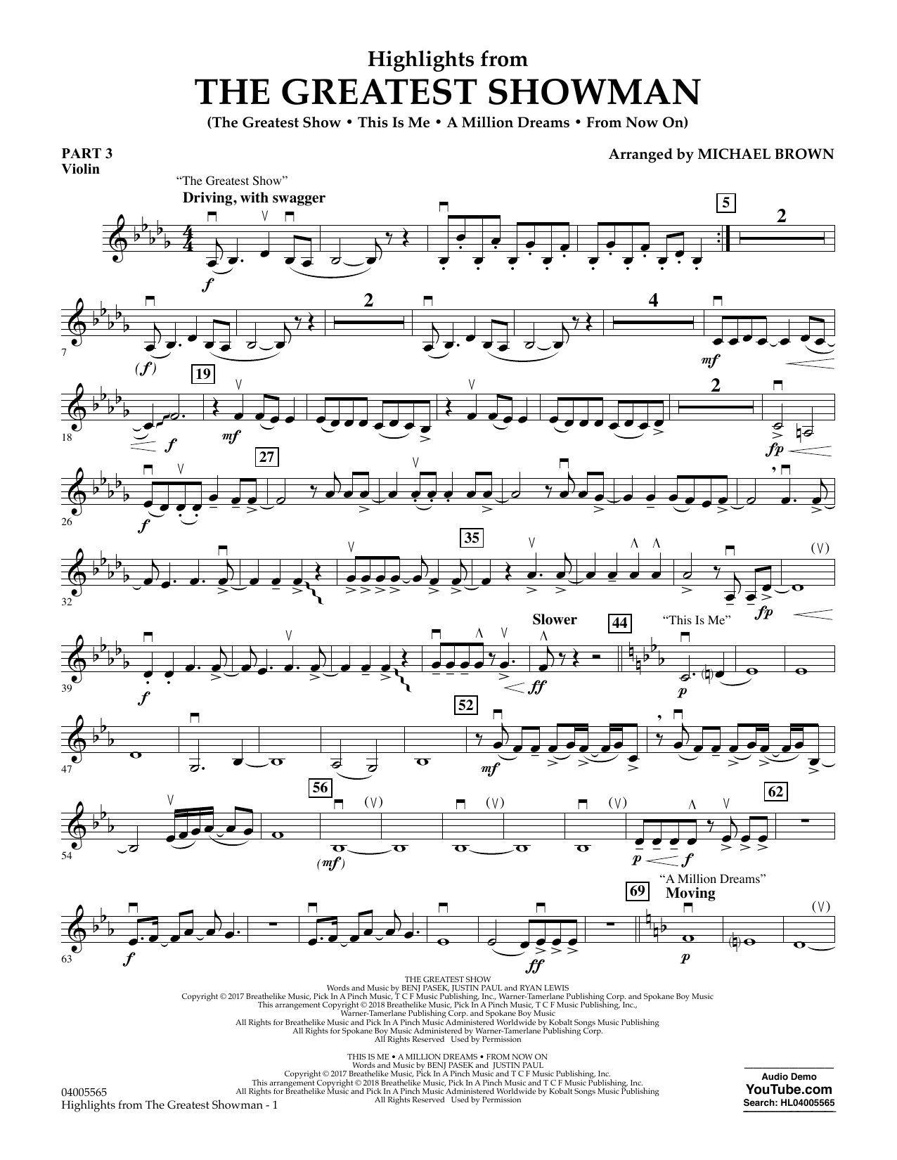 Learn to play Michael Brown Highlights from The Greatest Showman - Pt.3 - Violin sheet music for Concert Band in minutes. Michael Brown Highlights from The Greatest Showman - Pt.3 - Violin sheet music preview music notes and score for Concert Band including 2 page(s)