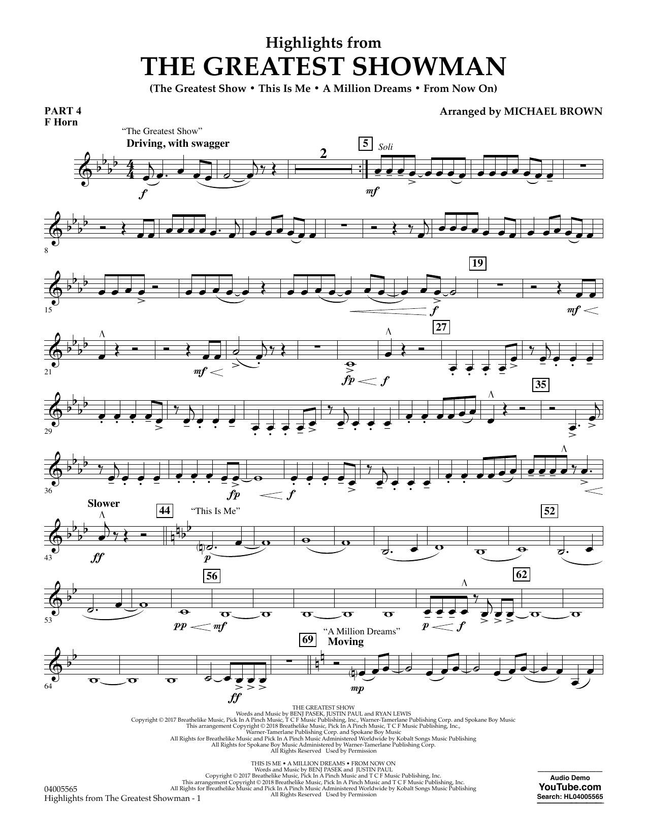 Learn to play Michael Brown Highlights from The Greatest Showman - Pt.4 - F Horn sheet music for Concert Band in minutes. Michael Brown Highlights from The Greatest Showman - Pt.4 - F Horn sheet music preview music notes and score for Concert Band including 2 page(s)