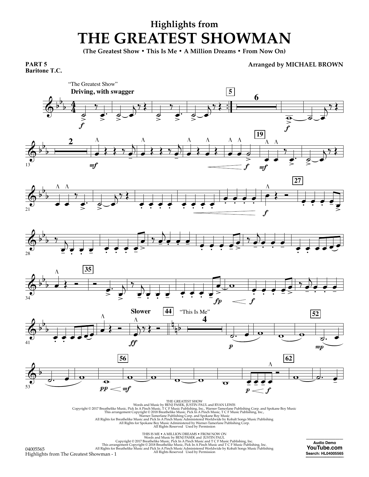 Michael Brown Highlights from The Greatest Showman - Pt.5 - Baritone T.C. sheet music preview music notes and score for Concert Band including 2 page(s)