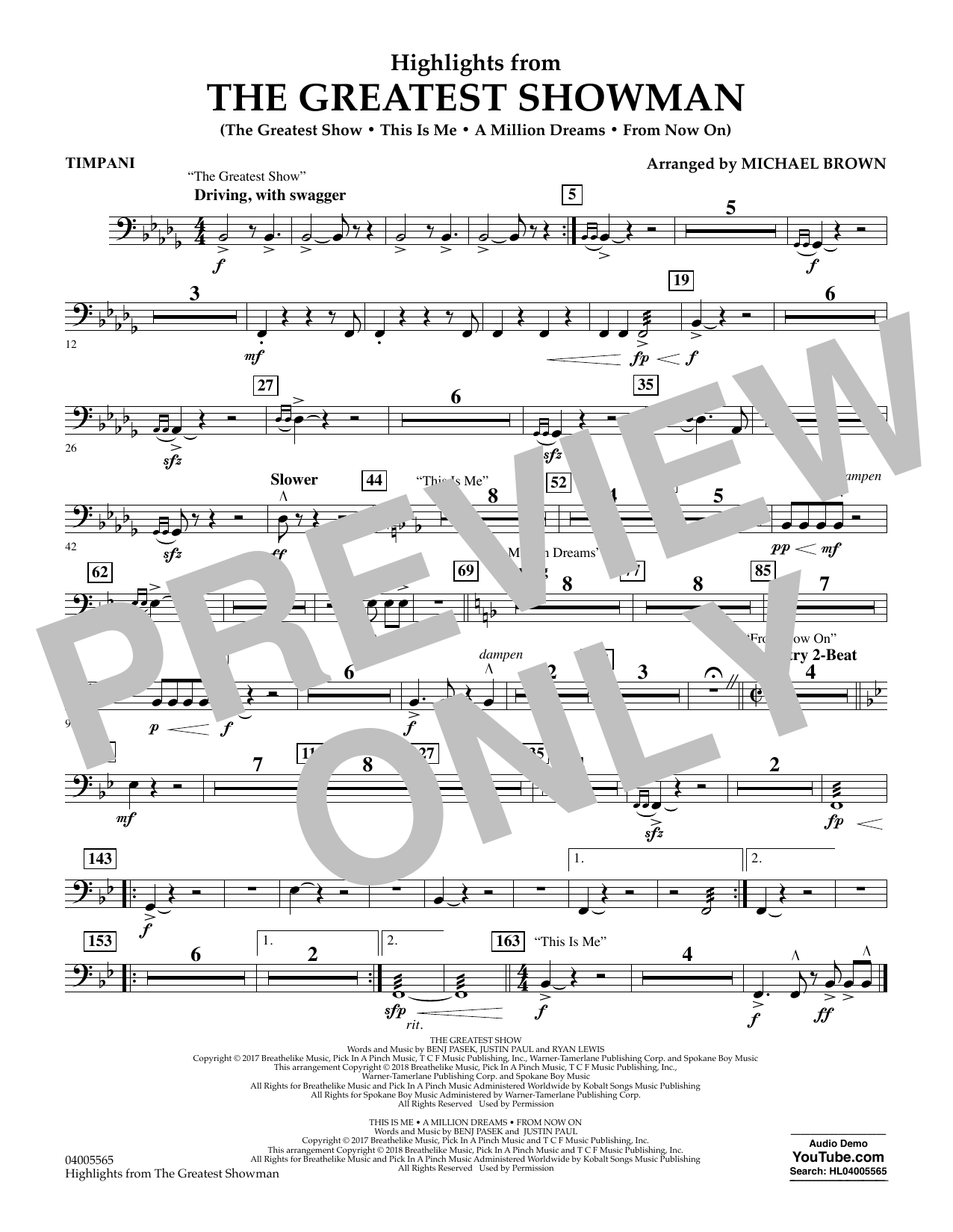 Michael Brown Highlights from The Greatest Showman - Timpani sheet music preview music notes and score for Concert Band including 1 page(s)