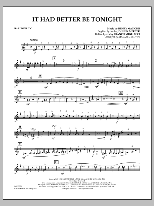 Learn to play Michael Brown It Had Better Be Tonight - Baritone T.C. sheet music for Concert Band in minutes. Michael Brown It Had Better Be Tonight - Baritone T.C. sheet music notes and chords