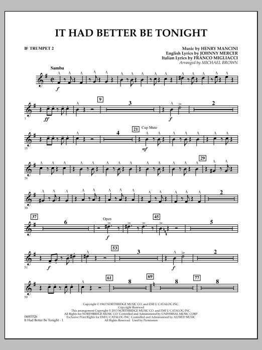 Learn to play Michael Brown It Had Better Be Tonight - Bb Trumpet 2 sheet music for Concert Band in minutes. Michael Brown It Had Better Be Tonight - Bb Trumpet 2 sheet music notes and chords
