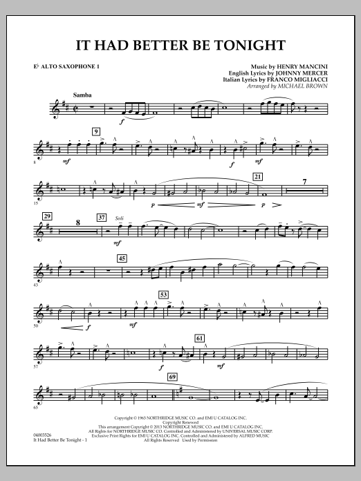 Learn to play Michael Brown It Had Better Be Tonight - Eb Alto Saxophone 1 sheet music for Concert Band in minutes. Michael Brown It Had Better Be Tonight - Eb Alto Saxophone 1 sheet music notes and chords
