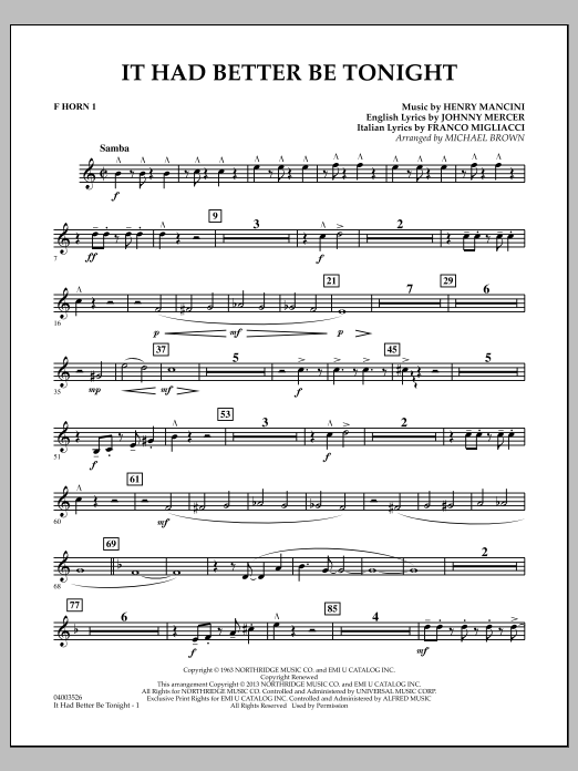 Learn to play Michael Brown It Had Better Be Tonight - F Horn 1 sheet music for Concert Band in minutes. Michael Brown It Had Better Be Tonight - F Horn 1 sheet music notes and chords