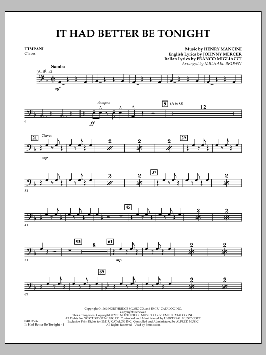 Learn to play Michael Brown It Had Better Be Tonight - Timpani sheet music for Concert Band in minutes. Michael Brown It Had Better Be Tonight - Timpani sheet music notes and chords