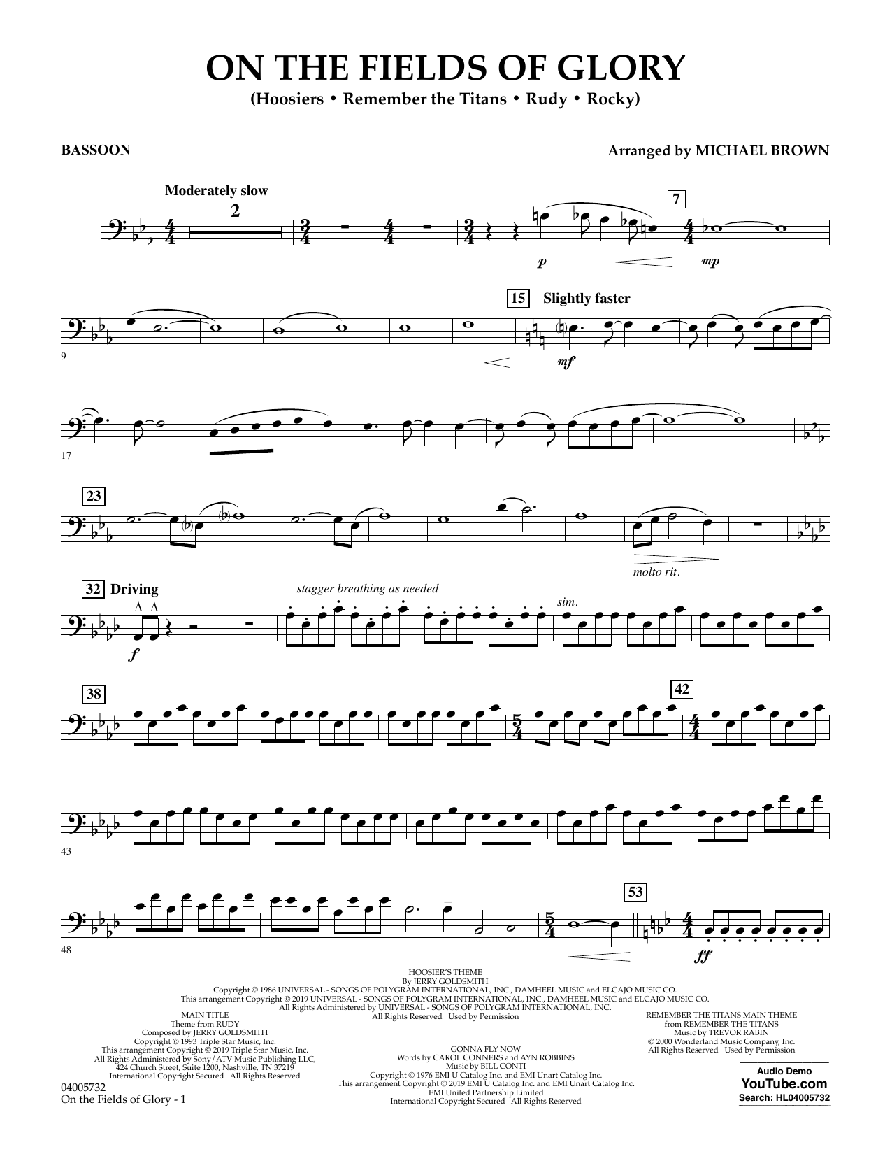 Learn to play Michael Brown On the Fields of Glory - Bassoon sheet music for Concert Band in minutes. Michael Brown On the Fields of Glory - Bassoon sheet music preview music notes and score for Concert Band including 2 page(s)