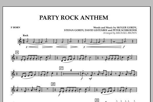 Learn to play Michael Brown Party Rock Anthem - F Horn sheet music for Concert Band in minutes. Michael Brown Party Rock Anthem - F Horn sheet music preview music notes and score for Concert Band including 1 page(s)