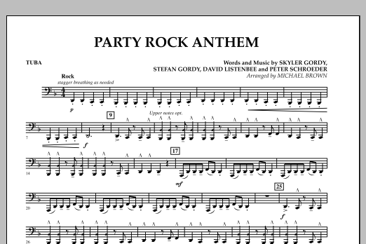 Learn to play Michael Brown Party Rock Anthem - Tuba sheet music for Concert Band in minutes. Michael Brown Party Rock Anthem - Tuba sheet music preview music notes and score for Concert Band including 1 page(s)