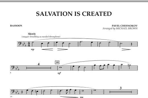 Learn to play Michael Brown Salvation Is Created - Bassoon sheet music for Concert Band in minutes. Michael Brown Salvation Is Created - Bassoon sheet music preview music notes and score for Concert Band including 1 page(s)