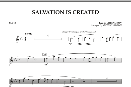Learn to play Michael Brown Salvation Is Created - Flute sheet music for Concert Band in minutes. Michael Brown Salvation Is Created - Flute sheet music preview music notes and score for Concert Band including 1 page(s)