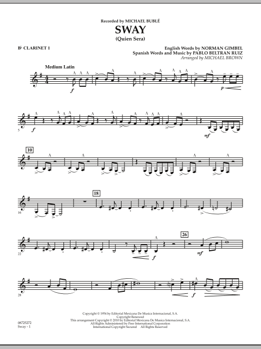 Learn to play Michael Brown Sway (Quien Sera) - Bb Clarinet 1 sheet music for Concert Band in minutes. Michael Brown Sway (Quien Sera) - Bb Clarinet 1 sheet music preview music notes and score for Concert Band including 2 page(s)