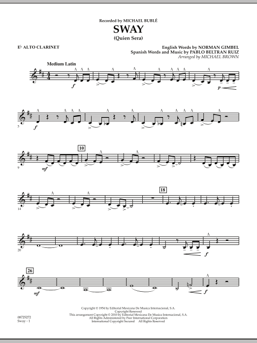 Learn to play Michael Brown Sway (Quien Sera) - Eb Alto Clarinet sheet music for Concert Band in minutes. Michael Brown Sway (Quien Sera) - Eb Alto Clarinet sheet music preview music notes and score for Concert Band including 2 page(s)
