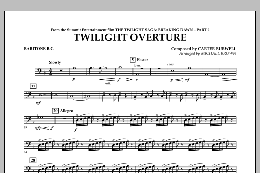 Learn to play Michael Brown Twilight Overture (from The Twilight Saga: Breaking Dawn Part 2) - Baritone B.C. sheet music for Concert Band in minutes. Michael Brown Twilight Overture (from The Twilight Saga: Breaking Dawn Part 2) - Baritone B.C. sheet music notes and chords