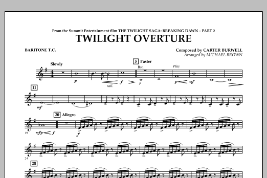 Learn to play Michael Brown Twilight Overture (from The Twilight Saga: Breaking Dawn Part 2) - Baritone T.C. sheet music for Concert Band in minutes. Michael Brown Twilight Overture (from The Twilight Saga: Breaking Dawn Part 2) - Baritone T.C. sheet music notes and chords