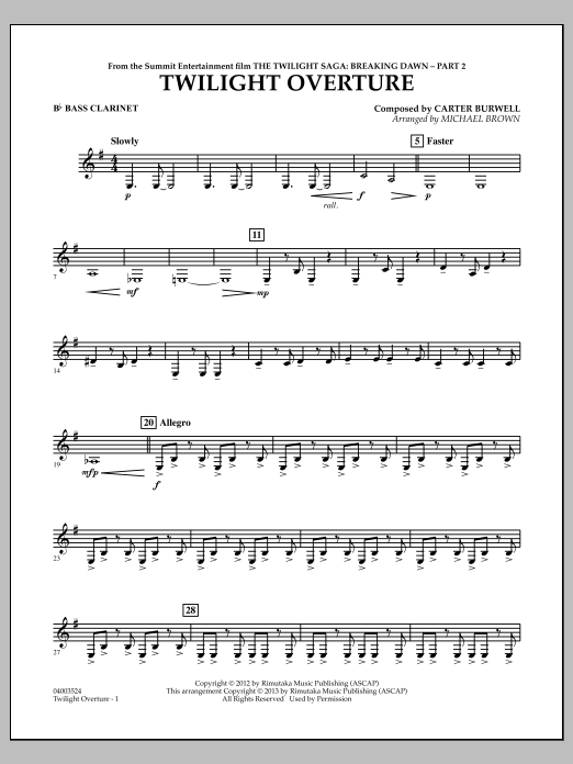 Learn to play Michael Brown Twilight Overture (from The Twilight Saga: Breaking Dawn Part 2) - Bb Bass Clarinet sheet music for Concert Band in minutes. Michael Brown Twilight Overture (from The Twilight Saga: Breaking Dawn Part 2) - Bb Bass Clarinet sheet music notes and chords