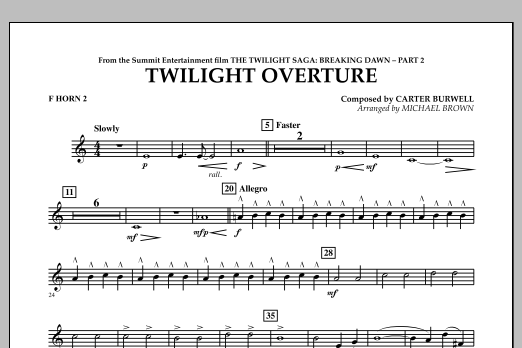 Learn to play Michael Brown Twilight Overture (from The Twilight Saga: Breaking Dawn Part 2) - F Horn 2 sheet music for Concert Band in minutes. Michael Brown Twilight Overture (from The Twilight Saga: Breaking Dawn Part 2) - F Horn 2 sheet music notes and chords