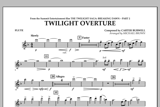 Learn to play Michael Brown Twilight Overture (from The Twilight Saga: Breaking Dawn Part 2) - Flute sheet music for Concert Band in minutes. Michael Brown Twilight Overture (from The Twilight Saga: Breaking Dawn Part 2) - Flute sheet music notes and chords
