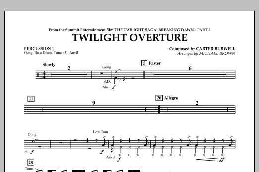 Learn to play Michael Brown Twilight Overture (from The Twilight Saga: Breaking Dawn Part 2) - Percussion 1 sheet music for Concert Band in minutes. Michael Brown Twilight Overture (from The Twilight Saga: Breaking Dawn Part 2) - Percussion 1 sheet music notes and chords