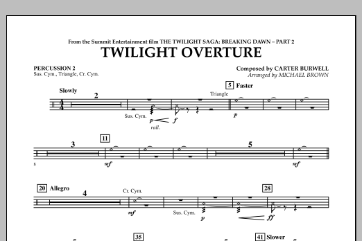 Learn to play Michael Brown Twilight Overture (from The Twilight Saga: Breaking Dawn Part 2) - Percussion 2 sheet music for Concert Band in minutes. Michael Brown Twilight Overture (from The Twilight Saga: Breaking Dawn Part 2) - Percussion 2 sheet music notes and chords