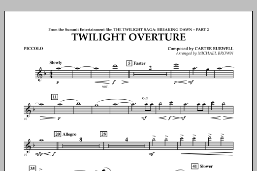 Learn to play Michael Brown Twilight Overture (from The Twilight Saga: Breaking Dawn Part 2) - Piccolo sheet music for Concert Band in minutes. Michael Brown Twilight Overture (from The Twilight Saga: Breaking Dawn Part 2) - Piccolo sheet music notes and chords
