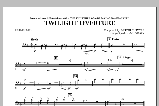 Learn to play Michael Brown Twilight Overture (from The Twilight Saga: Breaking Dawn Part 2) - Trombone 1 sheet music for Concert Band in minutes. Michael Brown Twilight Overture (from The Twilight Saga: Breaking Dawn Part 2) - Trombone 1 sheet music notes and chords