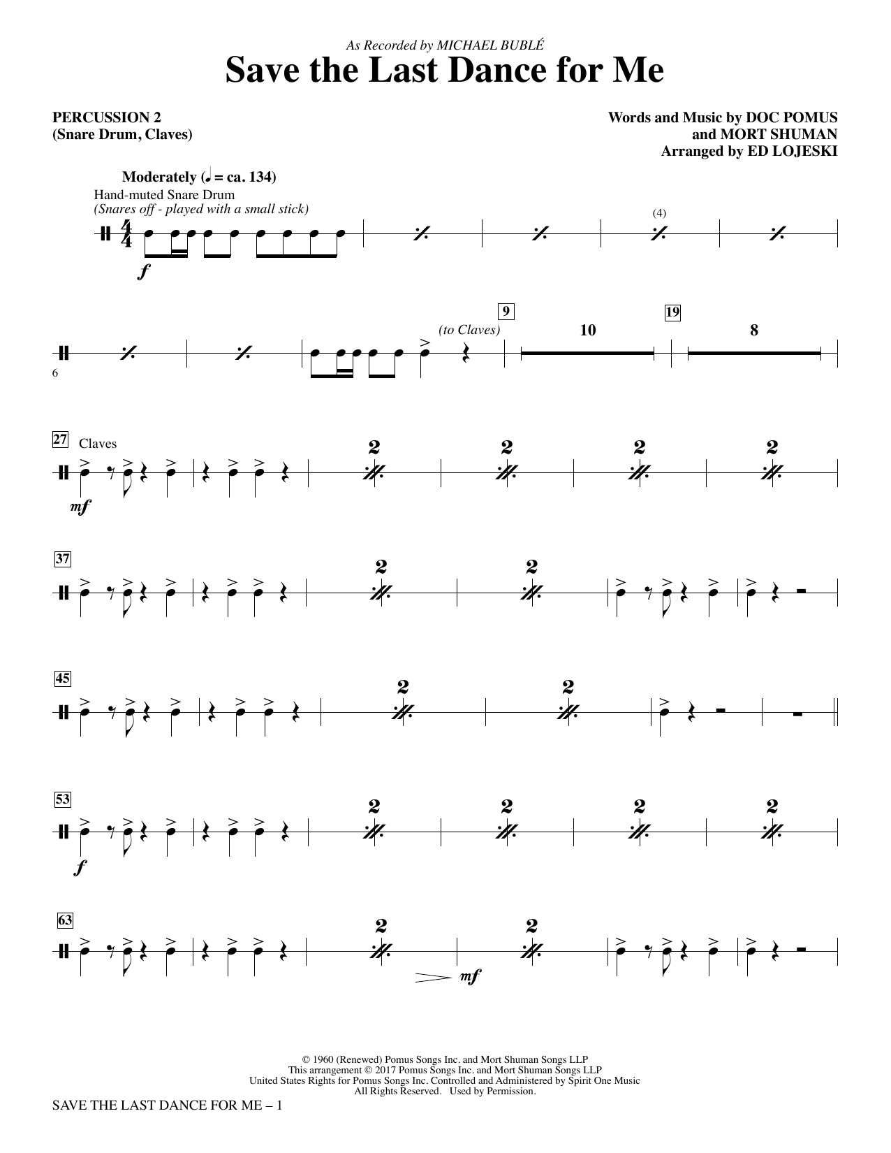 Learn to play Michael Bublé Save the Last Dance for Me (arr. Ed Lojeski) - Percussion 2 sheet music for Choir Instrumental Pak in minutes. Michael Bublé Save the Last Dance for Me (arr. Ed Lojeski) - Percussion 2 sheet music preview music notes and score for Choir Instrumental Pak including 2 page(s)