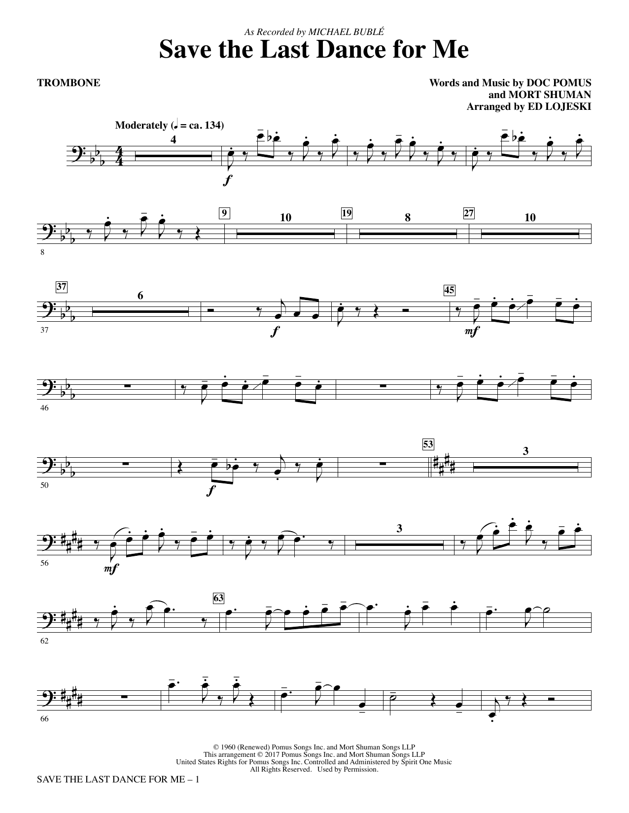 Learn to play Michael Bublé Save the Last Dance for Me (arr. Ed Lojeski) - Trombone sheet music for Choir Instrumental Pak in minutes. Michael Bublé Save the Last Dance for Me (arr. Ed Lojeski) - Trombone sheet music preview music notes and score for Choir Instrumental Pak including 2 page(s)