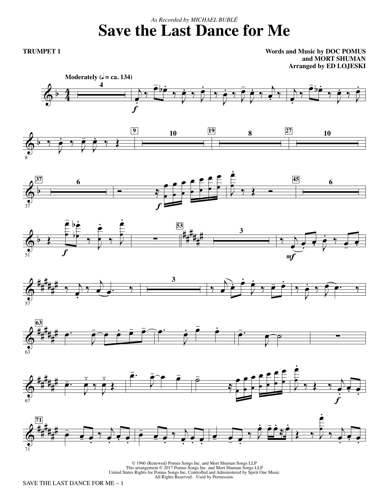 Learn to play Michael Bublé Save the Last Dance for Me (arr. Ed Lojeski) - Trumpet 1 sheet music for Choir Instrumental Pak in minutes. Michael Bublé Save the Last Dance for Me (arr. Ed Lojeski) - Trumpet 1 sheet music preview music notes and score for Choir Instrumental Pak including 2 page(s)