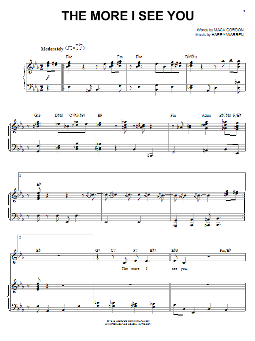 Learn to play Michael Buble The More I See You sheet music for Piano, Vocal & Guitar (Right-Hand Melody) in minutes. Michael Buble The More I See You sheet music preview music notes and score for Piano, Vocal & Guitar (Right-Hand Melody) including 8 page(s)