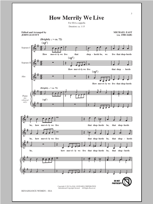 Learn to play Michael East How Merrily We Live (arr. John Leavitt) sheet music for SSA in minutes. Michael East How Merrily We Live (arr. John Leavitt) sheet music preview music notes and score for SSA including 20 page(s)