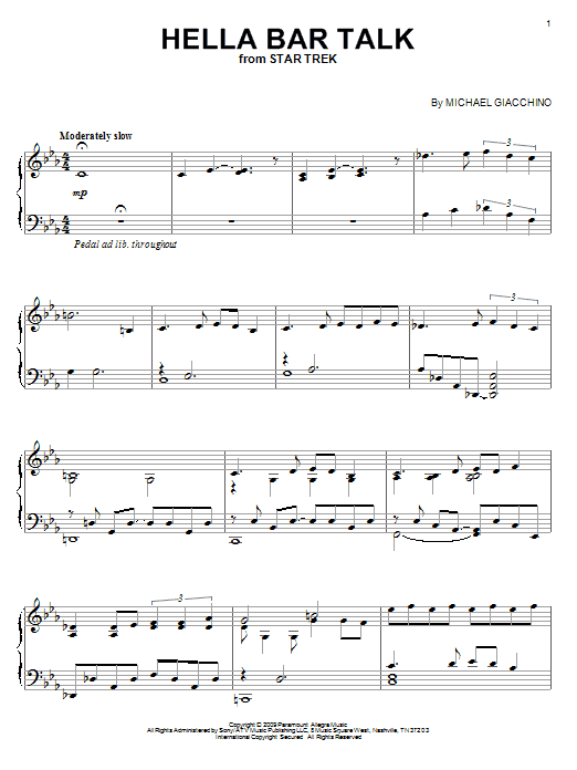 Learn to play Michael Giacchino Hella Bar Talk sheet music for Piano in minutes. Michael Giacchino Hella Bar Talk sheet music preview music notes and score for Piano including 2 page(s)