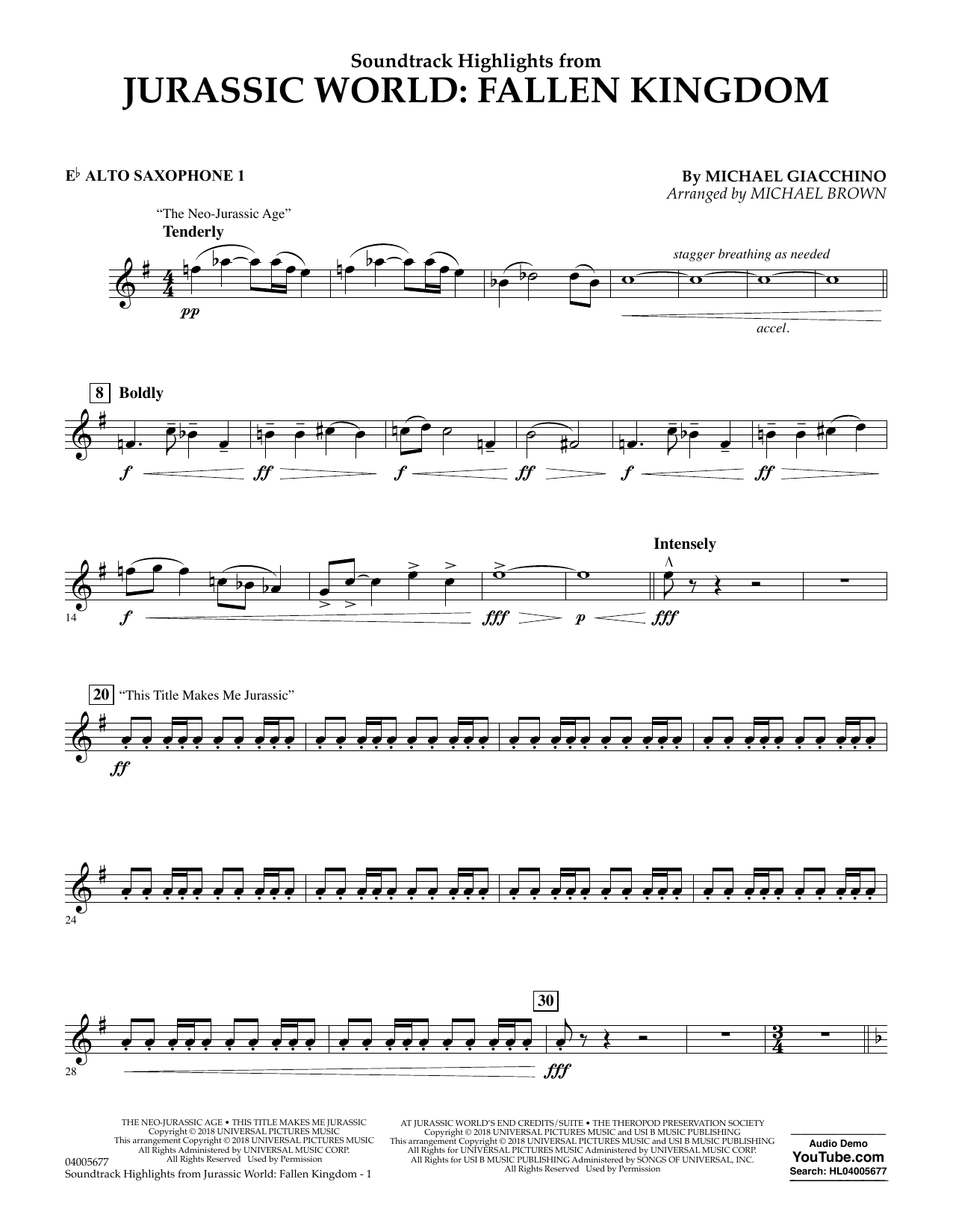 Learn to play Michael Giacchino Highlights from Jurassic World: Fallen Kingdom (arr. Michael Brown) - Eb Alto Saxophone 1 sheet music for Concert Band in minutes. Michael Giacchino Highlights from Jurassic World: Fallen Kingdom (arr. Michael Brown) - Eb Alto Saxophone 1 sheet music preview music notes and score for Concert Band including 2 page(s)