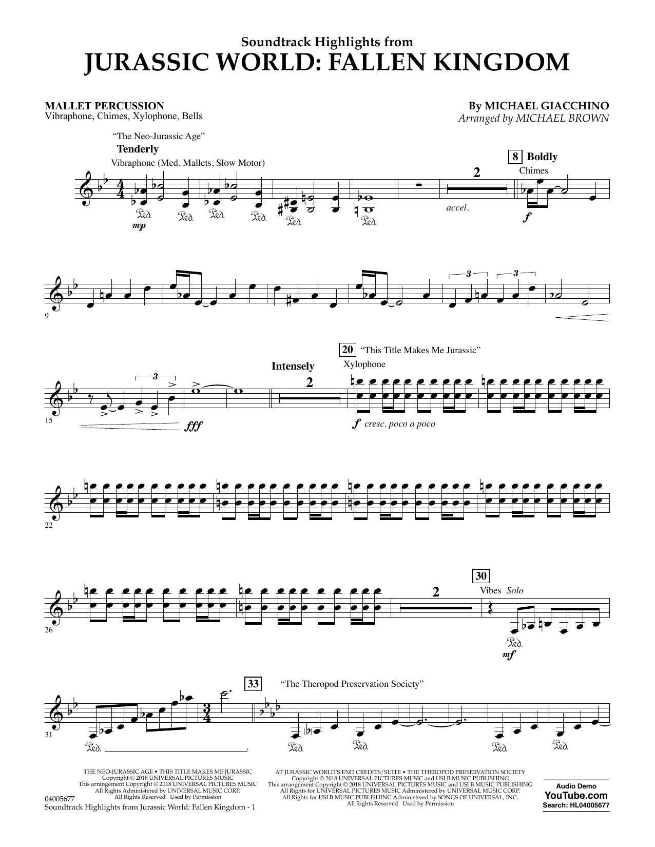 Learn to play Michael Giacchino Highlights from Jurassic World: Fallen Kingdom (arr. Michael Brown) - Mallet Percussion sheet music for Concert Band in minutes. Michael Giacchino Highlights from Jurassic World: Fallen Kingdom (arr. Michael Brown) - Mallet Percussion sheet music preview music notes and score for Concert Band including 2 page(s)