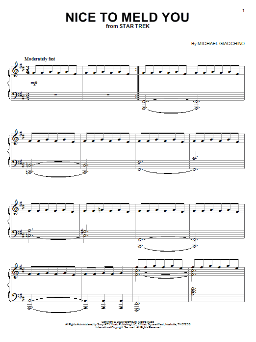 Learn to play Michael Giacchino Nice To Meld You sheet music for Piano in minutes. Michael Giacchino Nice To Meld You sheet music preview music notes and score for Piano including 6 page(s)