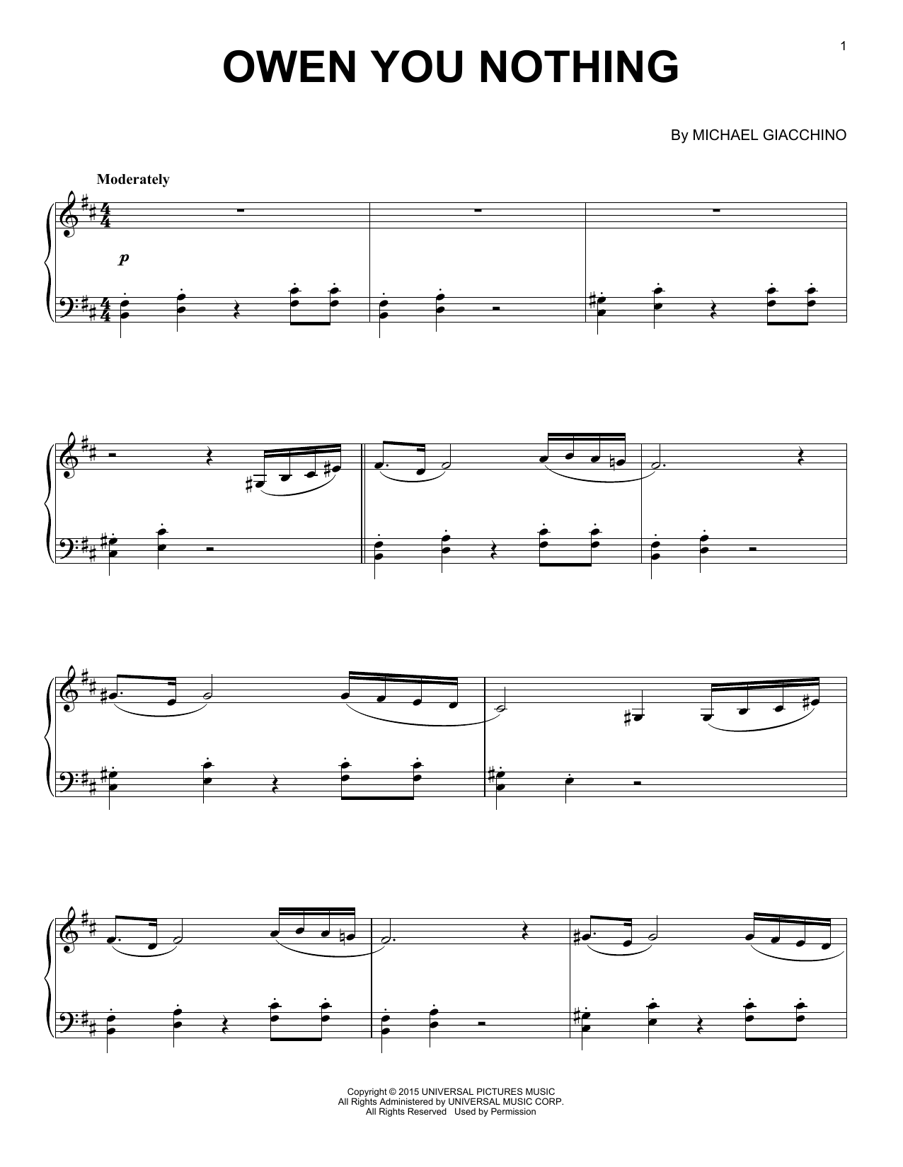 Learn to play Michael Giacchino Owen You Nothing sheet music for Piano in minutes. Michael Giacchino Owen You Nothing sheet music preview music notes and score for Piano including 2 page(s)
