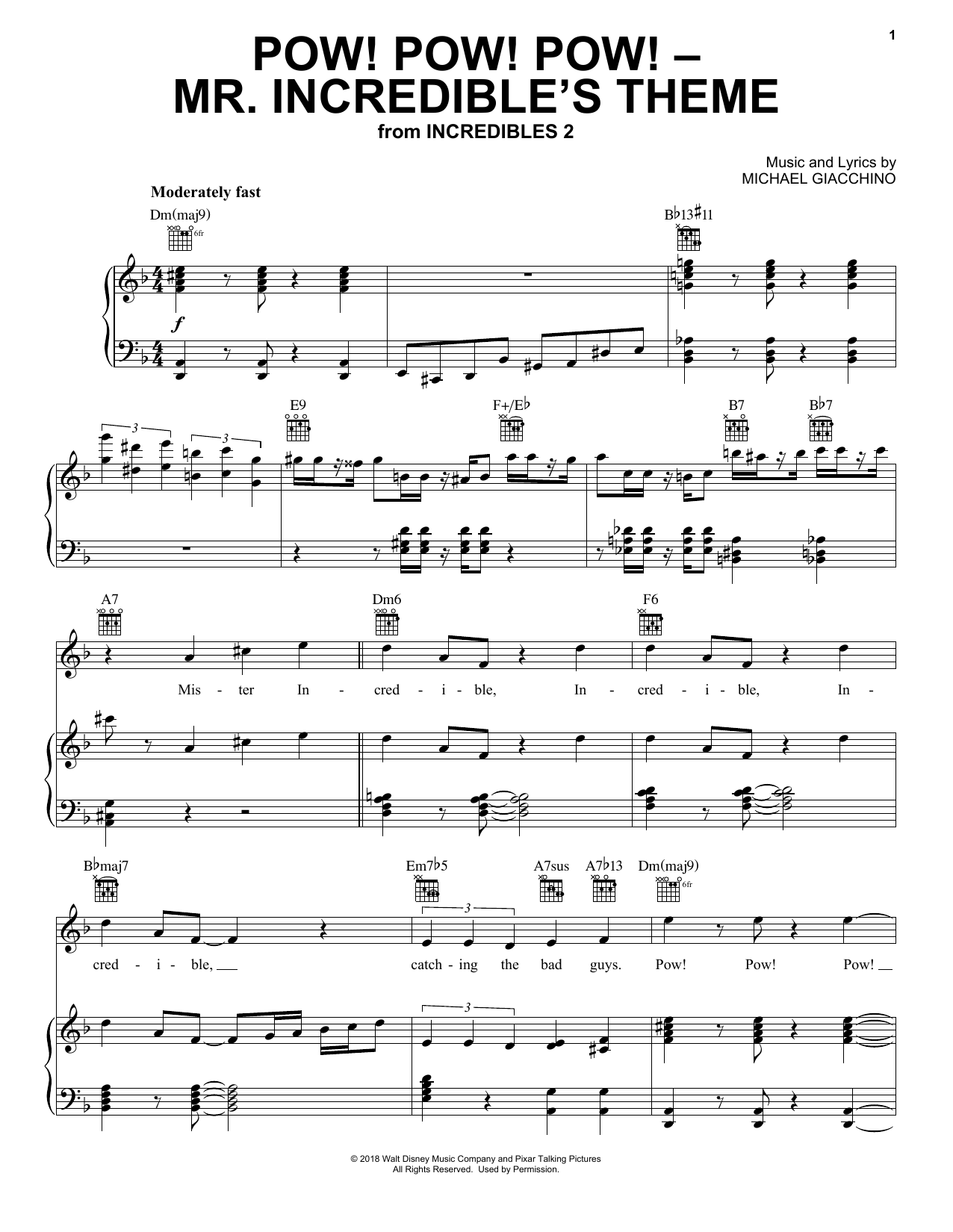Michael Giacchino Pow! Pow! Pow! - Mr. Incredibles Theme (from Incredibles 2) sheet music preview music notes and score for Big Note Piano including 2 page(s)