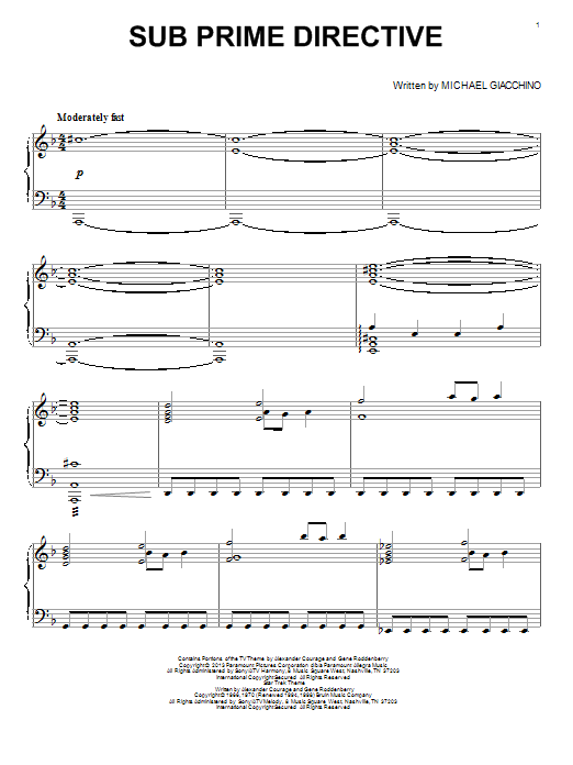 Learn to play Michael Giacchino Sub Prime Directive sheet music for Piano in minutes. Michael Giacchino Sub Prime Directive sheet music notes and chords