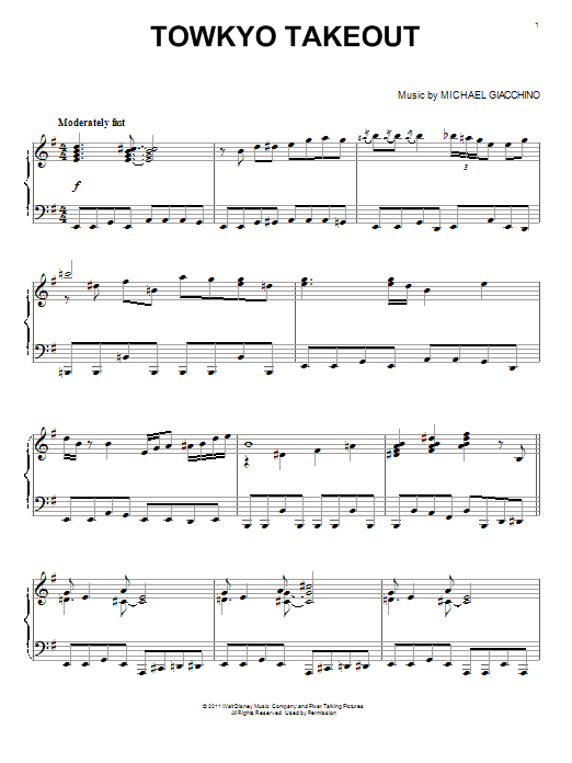 Learn to play Michael Giacchino Towkyo Takeout sheet music for Piano in minutes. Michael Giacchino Towkyo Takeout sheet music preview music notes and score for Piano including 3 page(s)