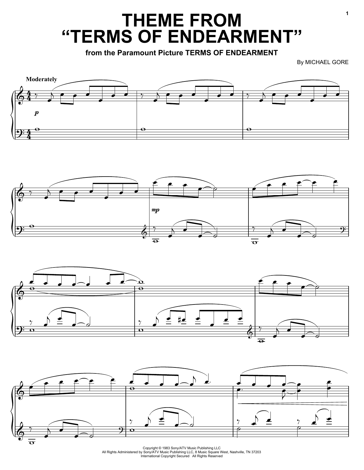 Learn to play Michael Gore Theme from Terms Of Endearment sheet music for Piano in minutes. Michael Gore Theme from Terms Of Endearment sheet music notes and chords